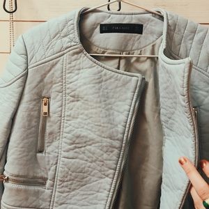 Zara Light Blue Faux Leather Jacket Like New